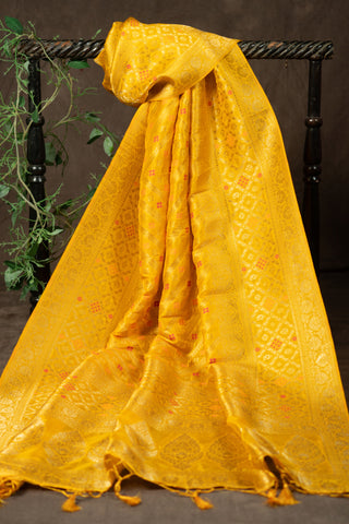 Yellow Banarasi dupatta with gold zari and pink highlights	