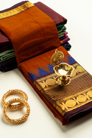 Rust Orange Chettinad Cotton Saree with Royal Blue and Golden Temple Border