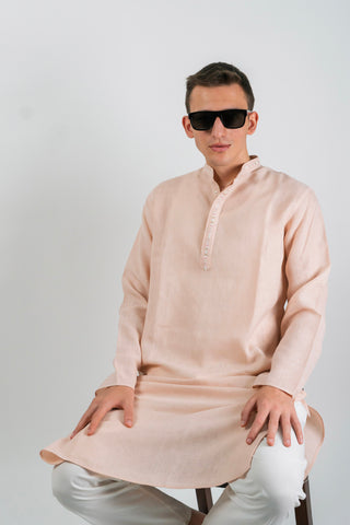 Peach Regular Long Kurta with Striped Center Placket Accent