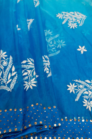 Two-Tone Blue Organza Chikankari Saree with Sky Blue and Multi-Blue Shades