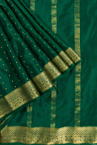 Bottle Green Pure Crepe Silk Saree with Gold Zari Pearl Drop Motifs, Diamond Lattice Border & Zari Vertical Stripes Pallu