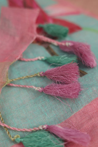 Sea Green Linen Saree With Lotus