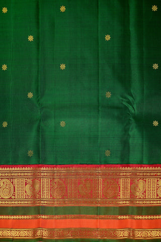 Bottle green Kanjivaram silk saree with red zari and gold motifs