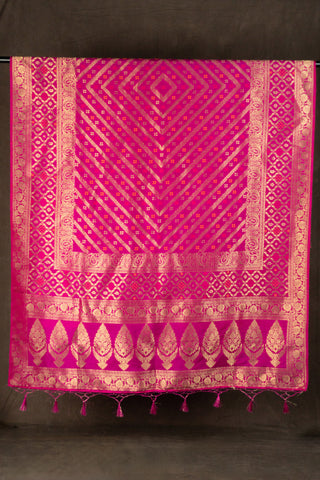 Fuchsia pink Banarasi dupatta with gold zari motifs	