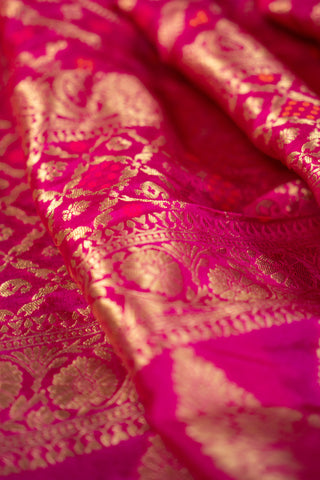 Fuchsia pink Banarasi dupatta with gold zari motifs	