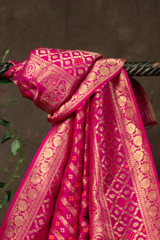 Fuchsia pink Banarasi dupatta with gold zari motifs	