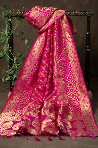 Fuchsia pink Banarasi dupatta with gold zari motifs	