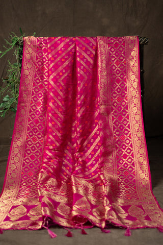 Fuchsia pink Banarasi dupatta with gold zari motifs	