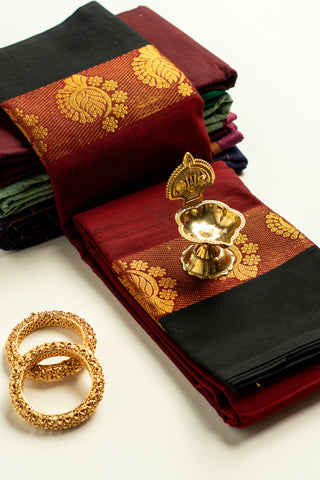 Maroon and Black Chettinad Cotton Saree with Gold Zari Peacock and Floral Border