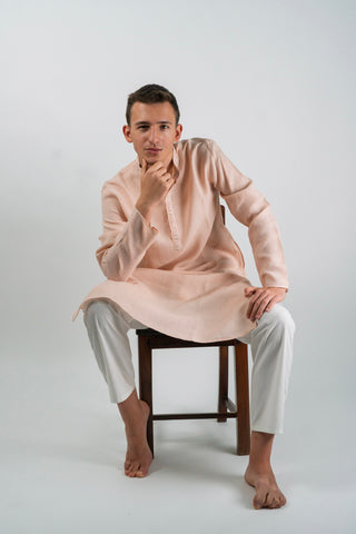 Peach Regular Long Kurta with Striped Center Placket Accent