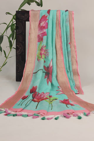 Sea Green Linen Saree With Lotus