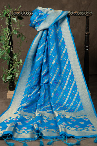 Blue Banarasi dupatta with light gold zari stripes	