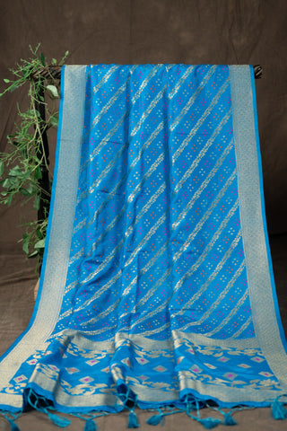Blue Banarasi dupatta with light gold zari stripes	