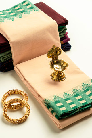 Off White Kanchi Cotton Saree with Aqua Green Checkered Temple Border