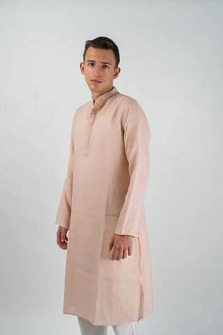 Peach Regular Long Kurta with Striped Center Placket Accent