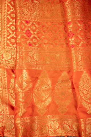 Orange art silk Banarasi dupatta with intricate gold zari weaving	