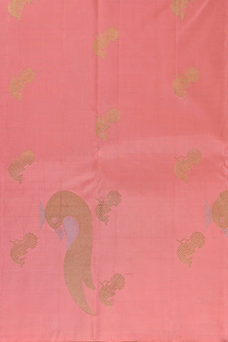 Peach Kanjivaram silk saree with blue pallu and gold motifs