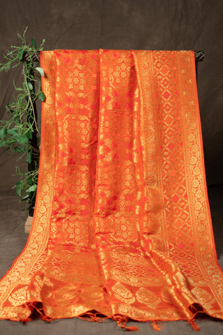 Orange art silk Banarasi dupatta with intricate gold zari weaving	
