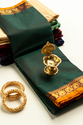 Forest Green Chettinad Cotton Saree with Mango Yellow Zari Paisley Border