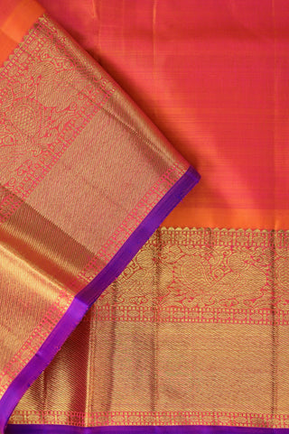Cream Kanjivaram silk saree with orange and purple zari border