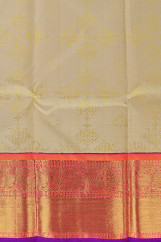 Cream Kanjivaram silk saree with orange and purple zari border