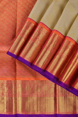 Cream Kanjivaram silk saree with orange and purple zari border