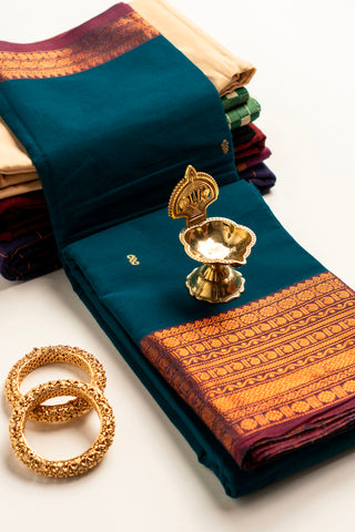 Teal Green Cotton Saree with Copper Orange Rudraksham Motif Border