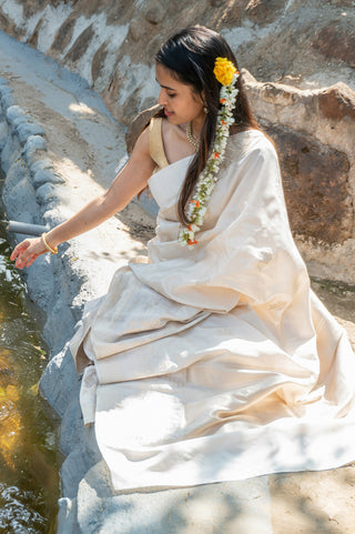 Off-White Banarasi Pure Silk Saree with Trishul-Damru Motifs