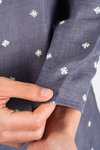 Men's Linen Blend Long Kurta with All-Over Floral Embroidery