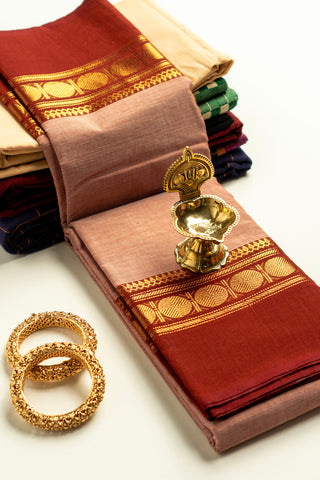 Nude Pink Chettinad Cotton Saree with Rust Red and Golden Coin Border