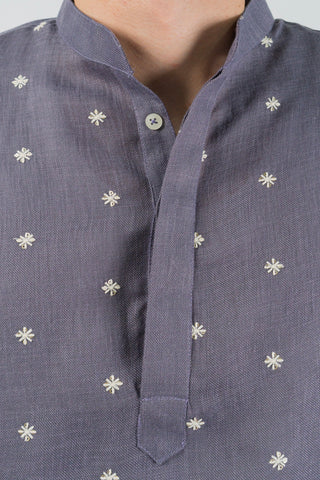 Men's Linen Blend Long Kurta with All-Over Floral Embroidery