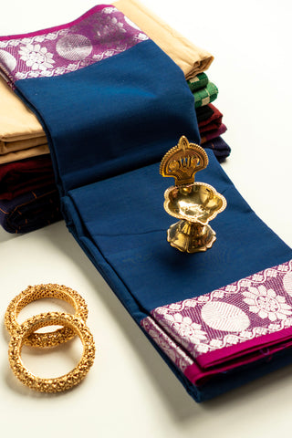 Navy Blue Chettinad Cotton Saree with Silver Zari Floral and Oval Motifs