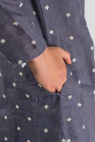 Men's Linen Blend Long Kurta with All-Over Floral Embroidery