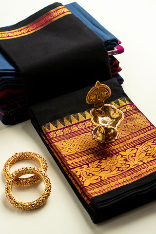 Black Chettinad cotton saree with gold zari and maroon border