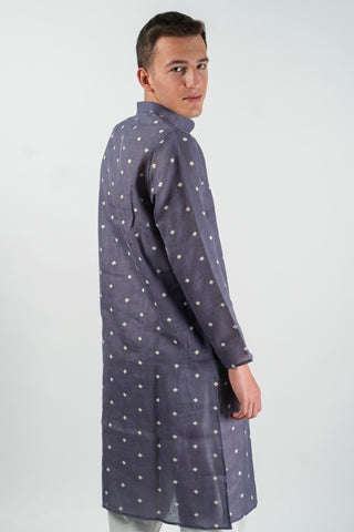 Men's Linen Blend Long Kurta with All-Over Floral Embroidery
