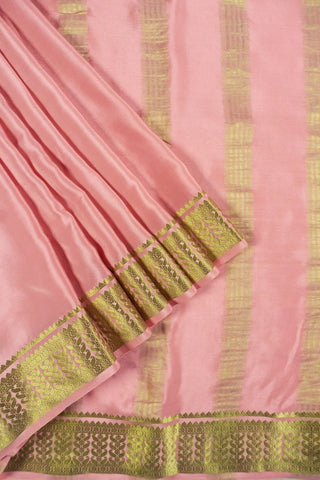 Muted Rose Pink Pure Crepe Silk Saree with Gold Zari Border & Striped Pallu