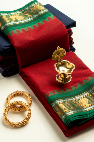 Deep Red Chettinad Cotton Saree with Green and Gold Peacock Zari Border