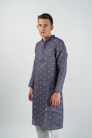 Men's Linen Blend Long Kurta with All-Over Floral Embroidery