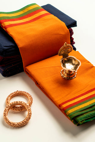 Orange Chettinad Cotton Saree with Red Green and Gold Striped Border