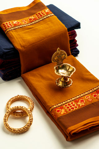 Rust Orange Chettinad Cotton Saree with Temple and Floral Motif Border