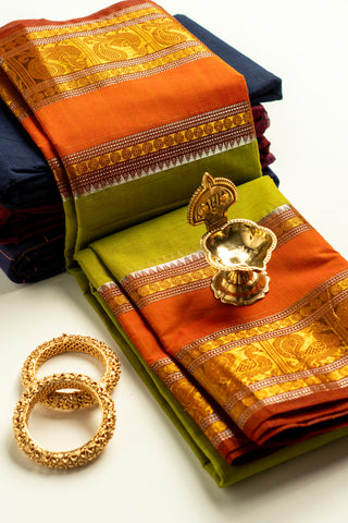 Lime Green Chettinad Cotton Saree with Peacock and Geometric Motifs Border