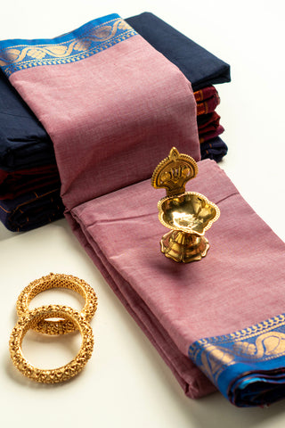 Dusty Rose Pink Chettinad Cotton Saree with Royal Blue and Zari Floral Border