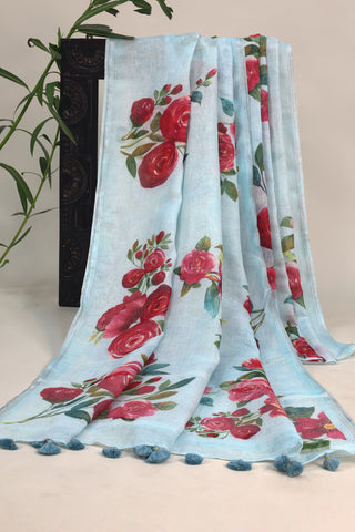 Light Blue Linen Saree with Vibrant Red Floral Motifs
