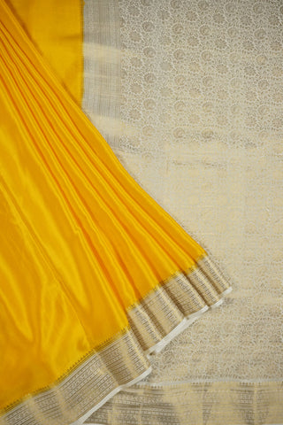 Mustard Yellow Pure Crepe Silk Saree with Dual Zari Border & Heavy Floral Brocade Pallu