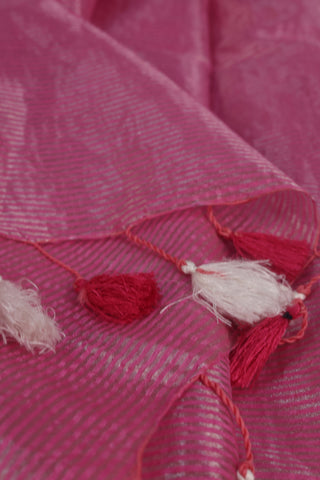 Rose Pink and Silver Striped Tissue Linen Saree with Tassels