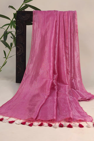 Rose Pink and Silver Striped Tissue Linen Saree with Tassels
