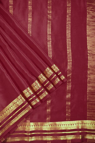 Rich Maroon Pure Crepe Silk Saree with Gold Zari Border & Striped Pallu