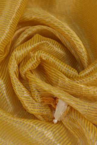 Yellow Linen Zari Stripe Saree with Tassels