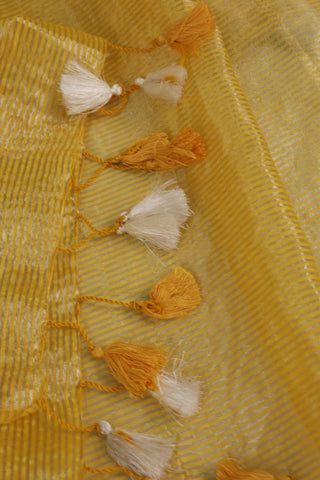 Yellow Linen Zari Stripe Saree with Tassels