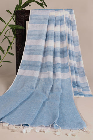 Powder Blue and White Pure Linen Saree